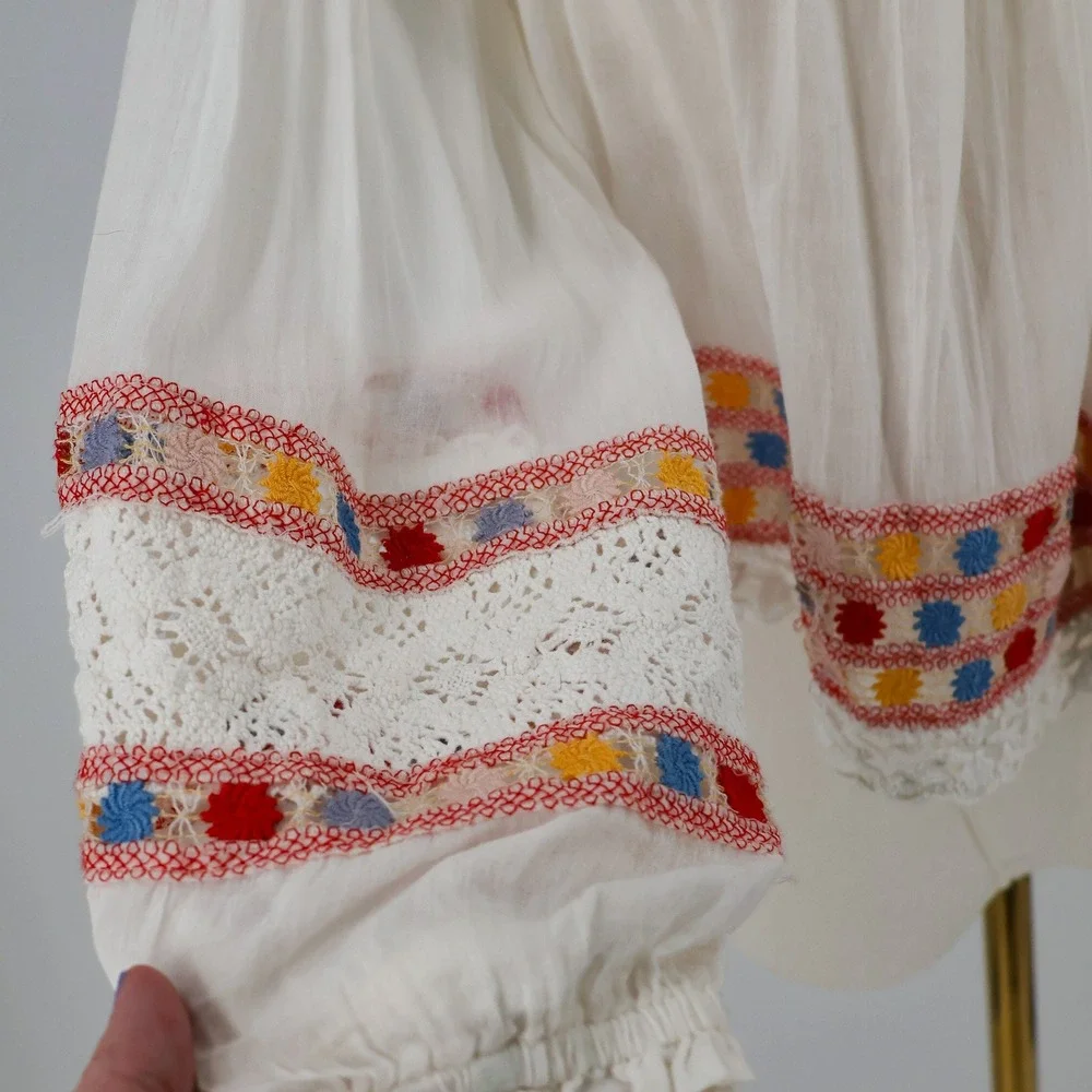 Free People Peasant Top Womens Embroidered Boho Crop Small Ivory India